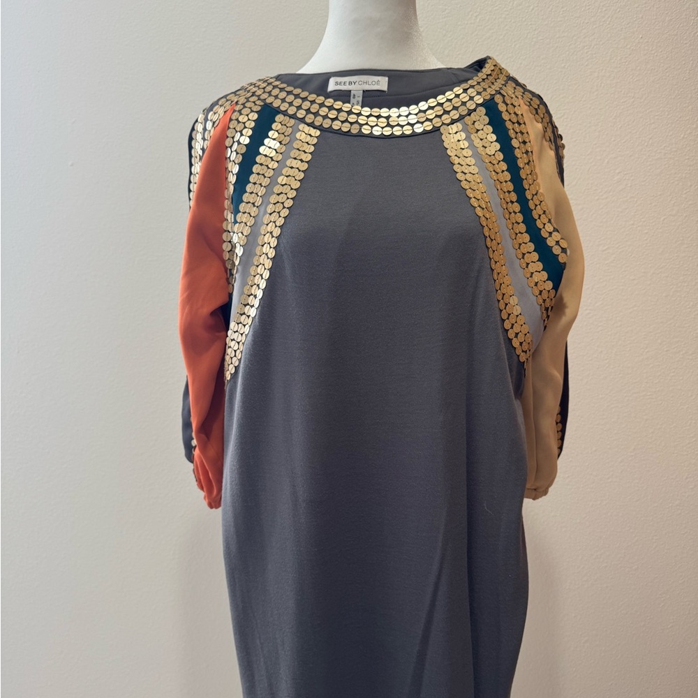 See by Chloé Gray Mini Dress with Sequined Stripes - Picture 2 of 9